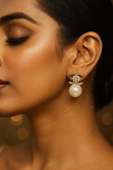 Crystal Studded Designer Logo Earrings – Premium Anti-Tarnish Gold Finish