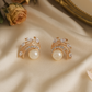 Rose Gold Curved Leaf Pearl Stud Earrings