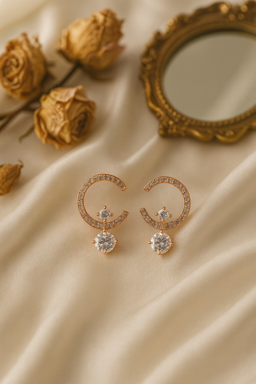 Rose Gold Half Hoop Earrings with CZ Dangling Drops