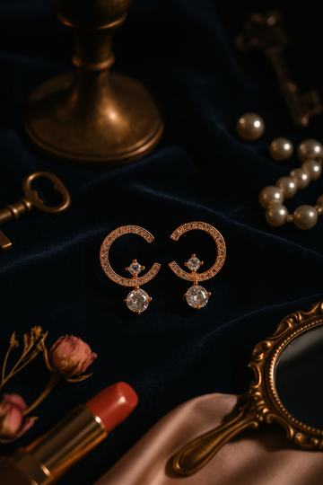 Rose Gold Half Hoop Earrings with CZ Dangling Drops