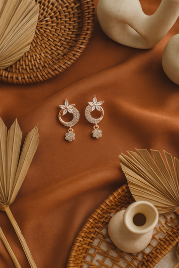 Floral Crescent Earrings with Hanging Flower