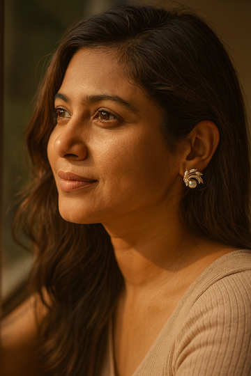 Rose Gold Curved Leaf Pearl Stud Earrings