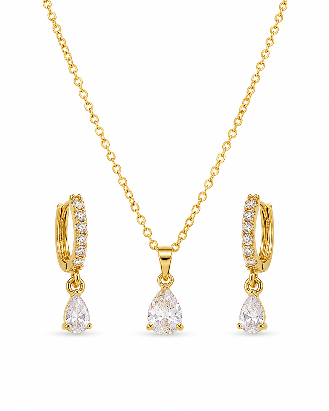 Teardrop zircon pendant necklace and matching drop earrings set, 18K gold plated – close-up detail