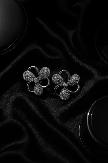Silver Floral Stud Earrings with Micro CZ Embellishments