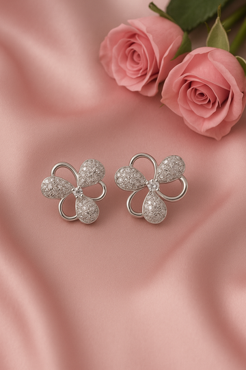 Silver Floral Stud Earrings with Micro CZ Embellishments