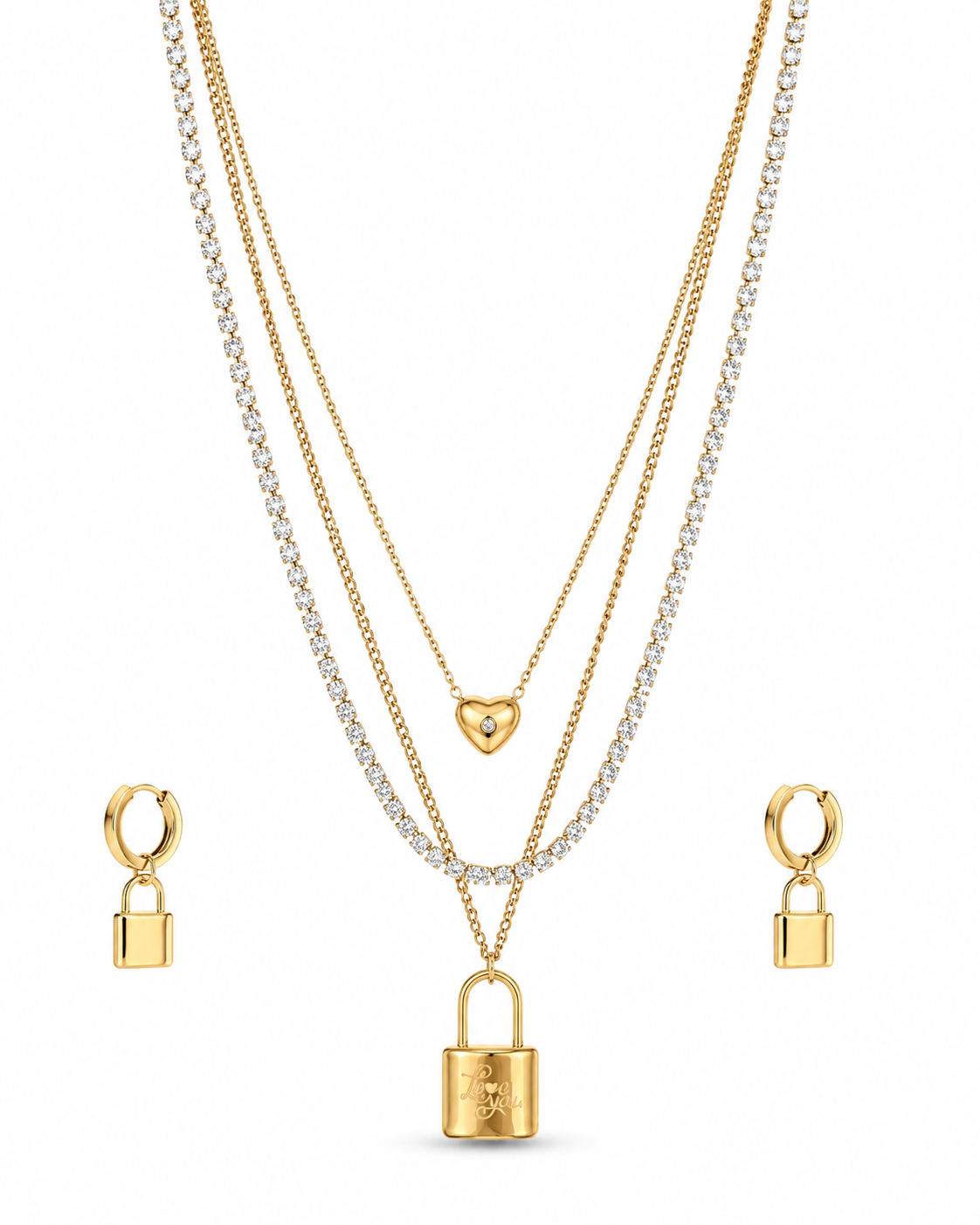Love lock layered necklace and matching lock drop earrings set, 18K gold plated – close-up detail