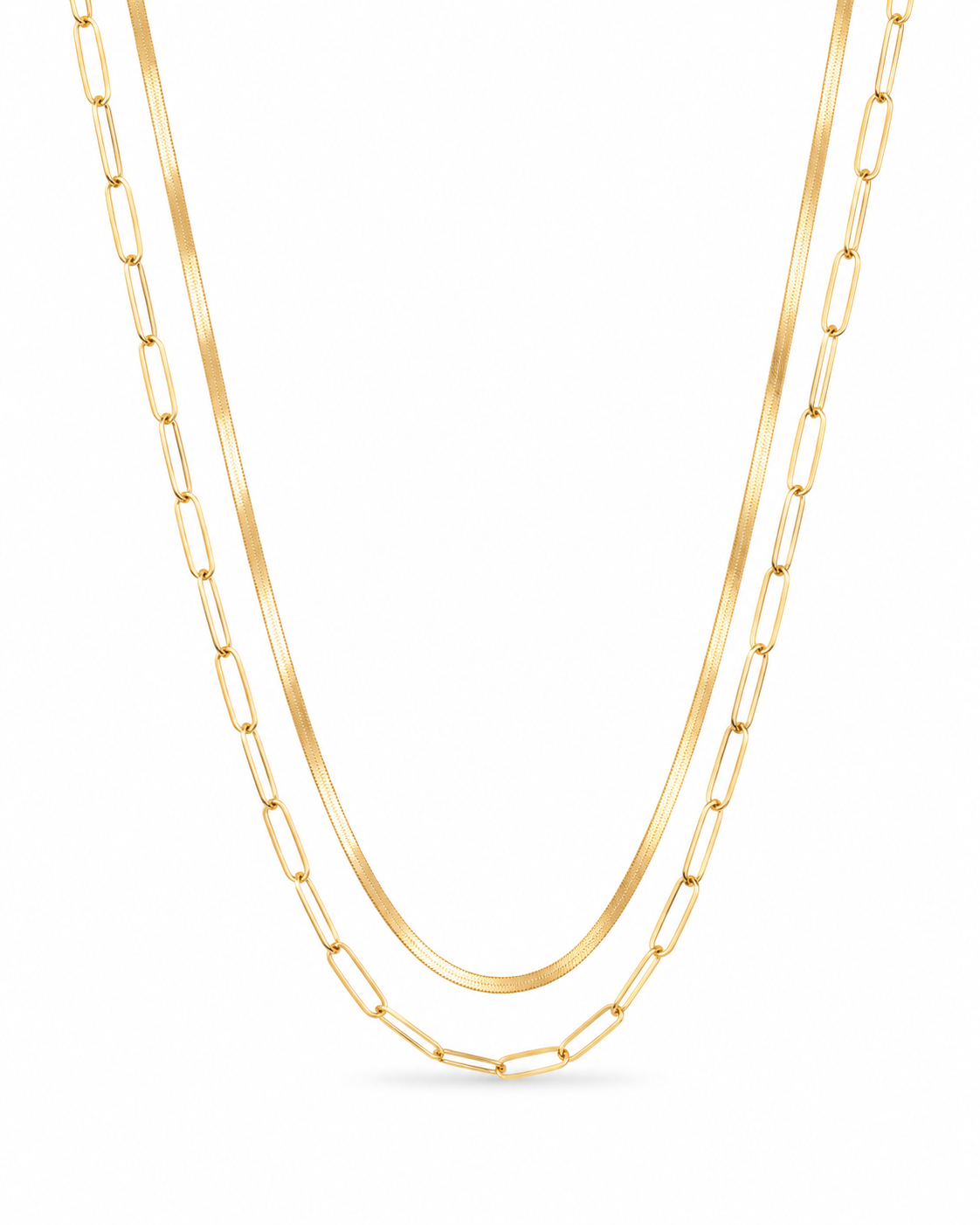 Double layer paperclip and snake chain necklace, 18K gold plated – close-up detail