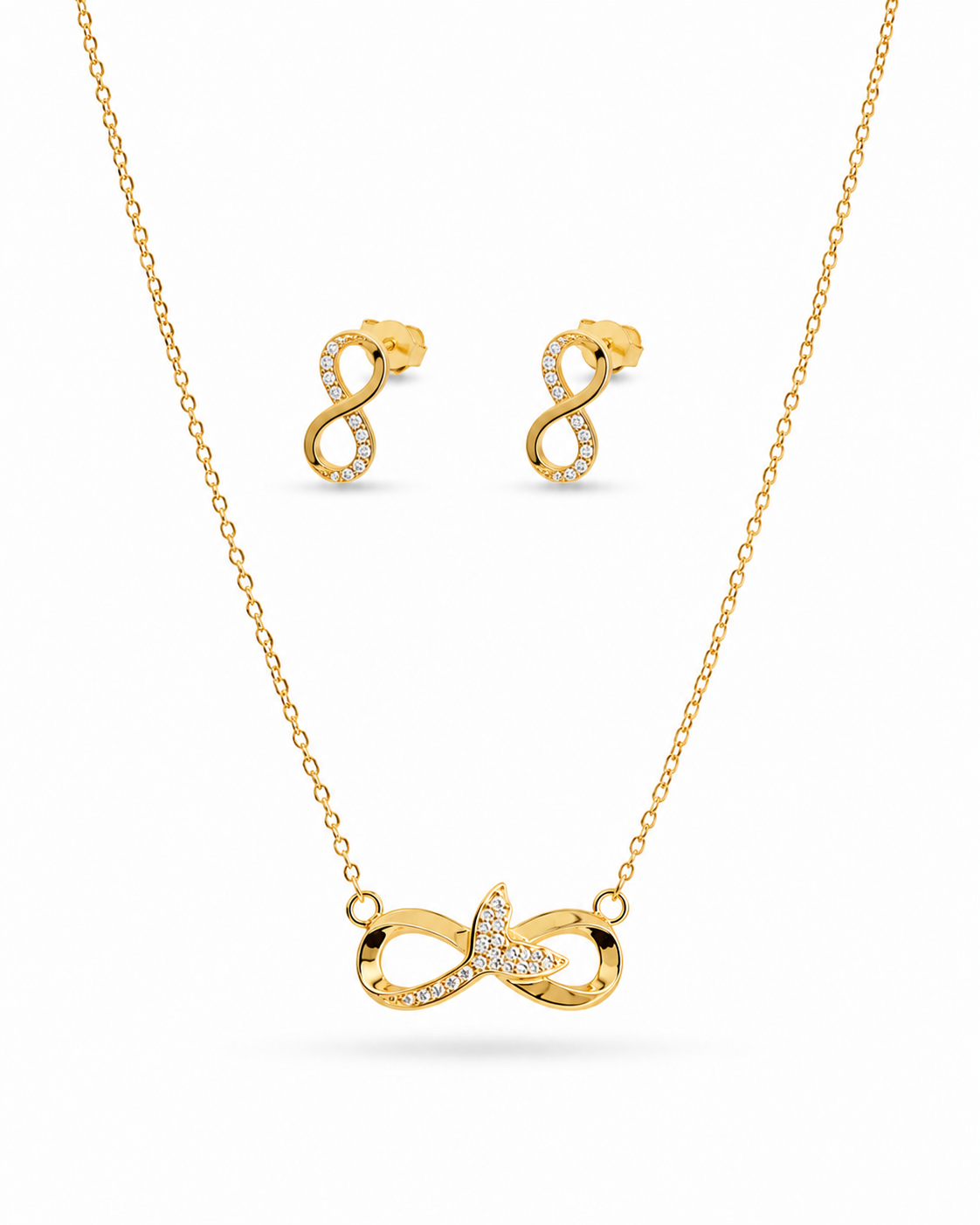 Infinity pendant necklace and matching zircon earrings set, 18K gold plated – close-up detail