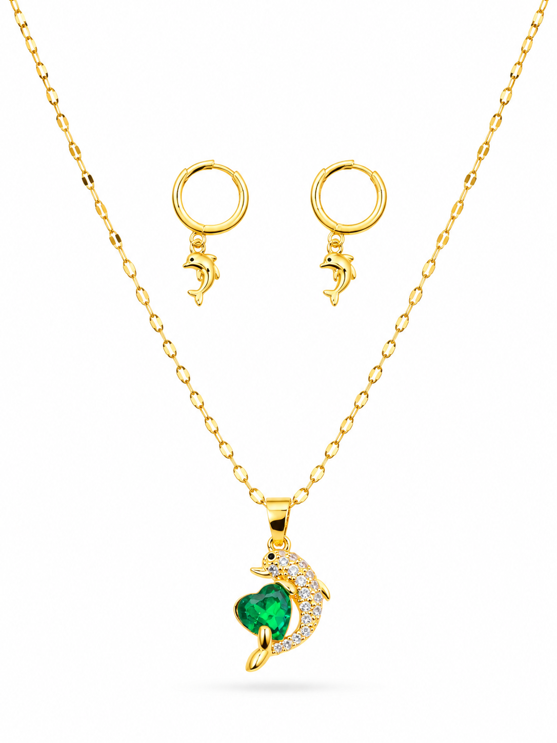 Dolphin heart zircon pendant necklace and matching earrings set, gold plated – close-up detail