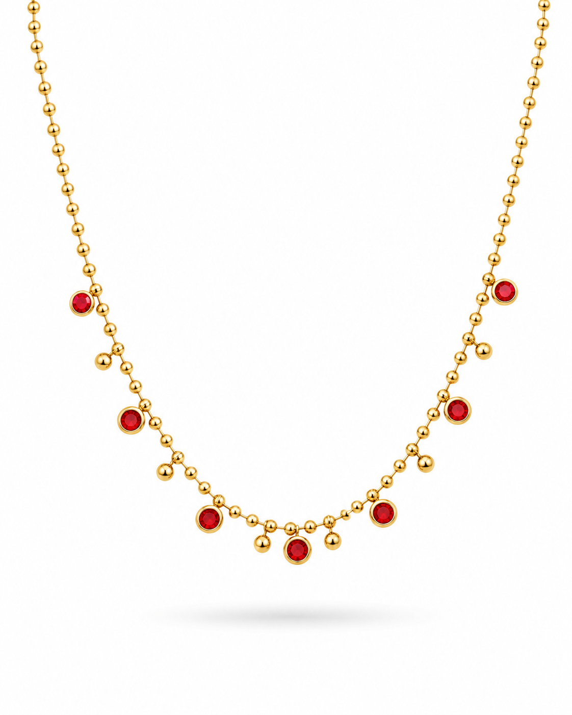 Red crystal ball chain necklace, gold plated titanium steel – close-up detail