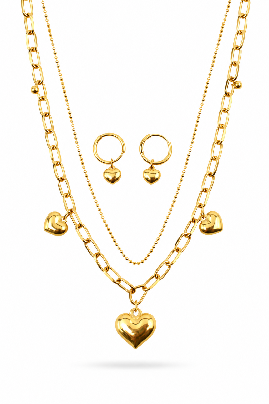 Double layer heart necklace and matching small circle heart earrings set, 18K gold plated – close-up detail