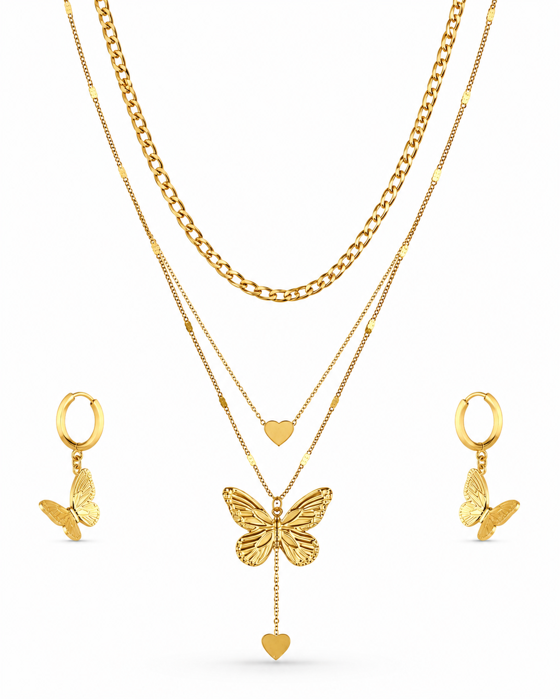 Layered butterfly pendant necklace and matching butterfly earrings set, 18K gold plated – close-up detail
