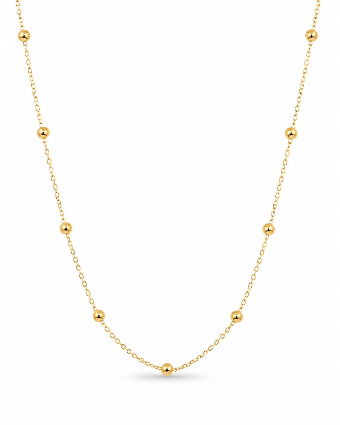 Dainty gold bead station chain necklace, 18K gold plated – close-up detail