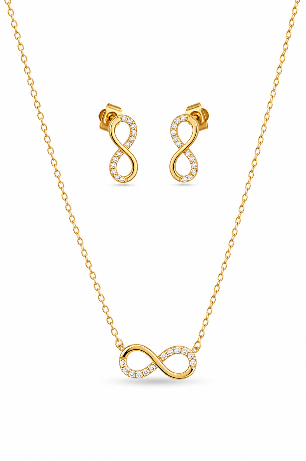 Infinity lucky 8 necklace and matching earrings set, 18K gold plated – close-up detail