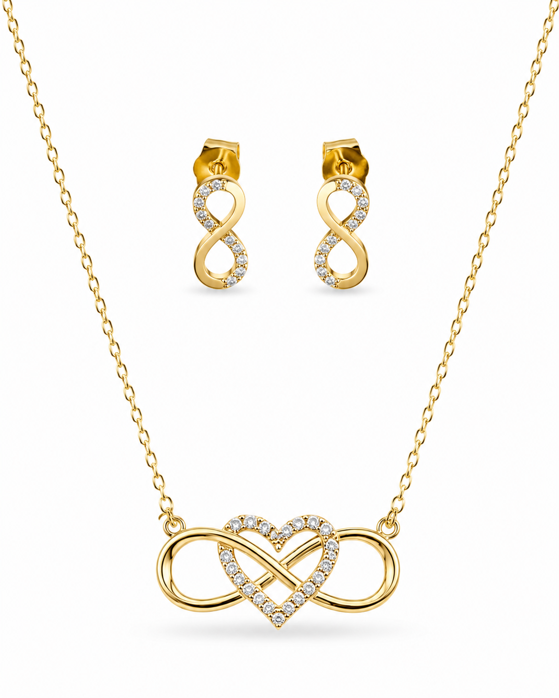 Heart accent infinity pendant necklace and matching stud earrings set, 18K gold plated – close-up detail