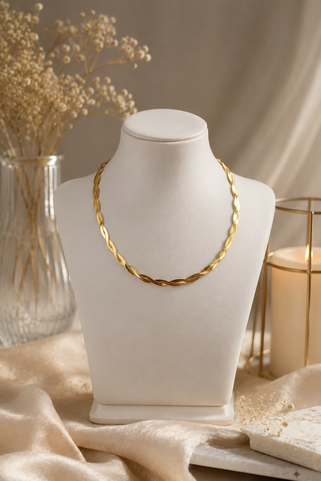 Twisted herringbone snake chain necklace, 18K gold plated – additional angle