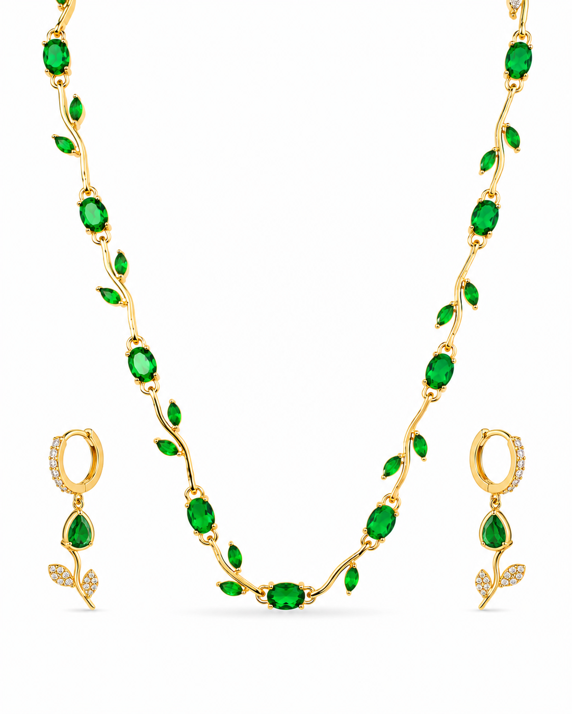 Green vine leaf necklace and matching drop earrings set, 18K gold plated – close-up detail