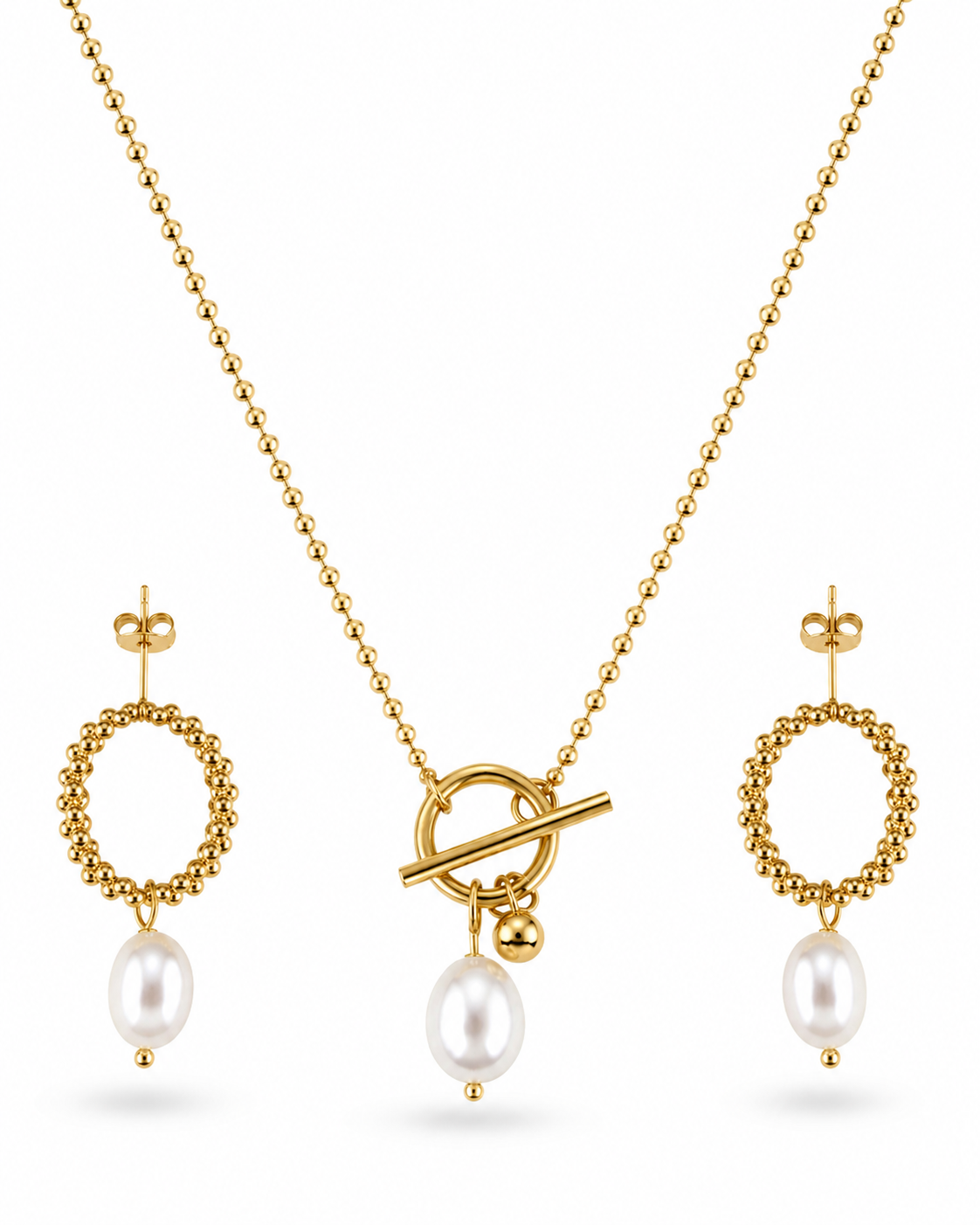 Asymmetrical pearl ball chain necklace and matching hoop earrings set, 18K gold plated – close-up detail