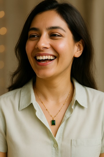 Emerald Green Rectangle Pendant with Gold Bead Chain