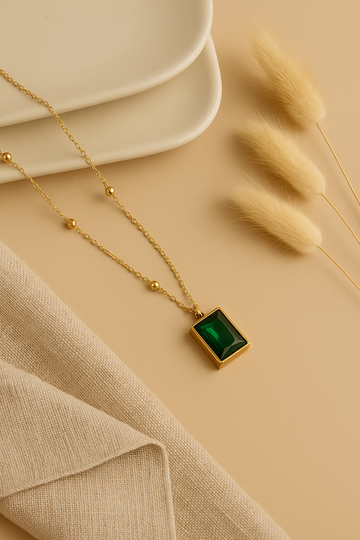 Emerald Green Rectangle Pendant with Gold Bead Chain