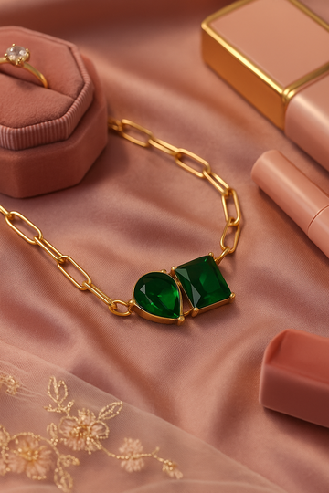 Statement Gold Chain Pendant with Emerald Green Stones