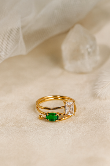 Twin Stone Spiral Ring in Green and White