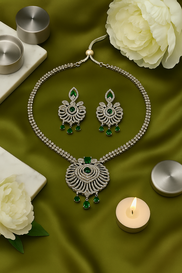 Emerald Peacock Designer AD Necklace Set