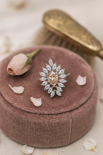 Peach Drop Halo Ring with White Marquise Crystals