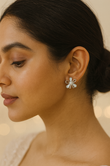 Silver & White Enamel Floral Stud Earrings with Pearl Center