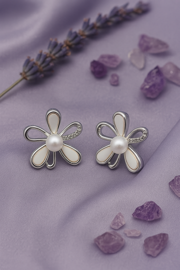Silver & White Enamel Floral Stud Earrings with Pearl Center