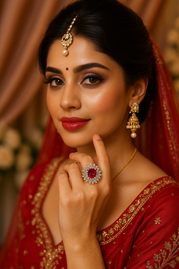 Bold Ruby Red Floral Ring with CZ Halo