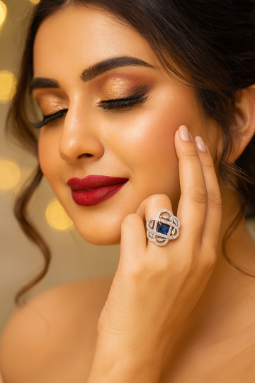 Blue CZ Grid Statement Ring