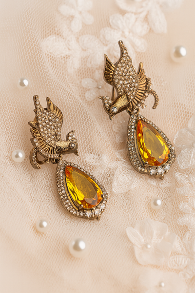 Silver-Tone Phoenix Earrings with Yellow Drop