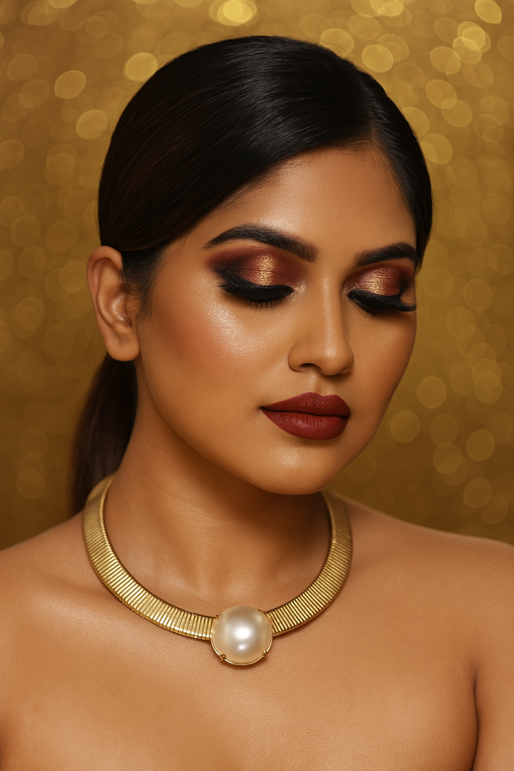 Bold Pearl Center Gold Plated Statement Choker Necklace