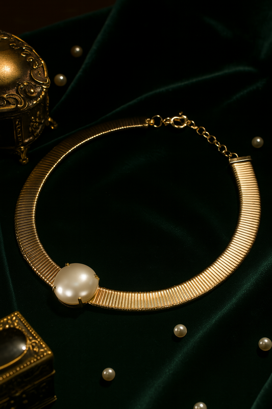 Bold Pearl Center Gold Plated Statement Choker Necklace