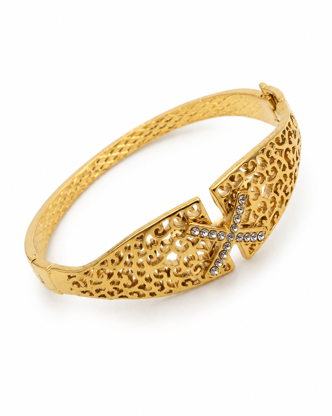 Filigree Scroll Bangle with Crystal X Clasp