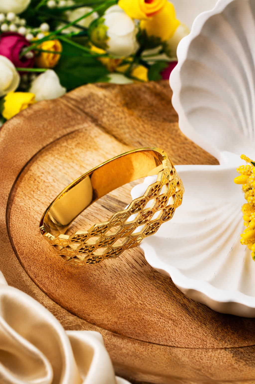 Diamond Trellis Cut-Out Wide Bangle Bracelet