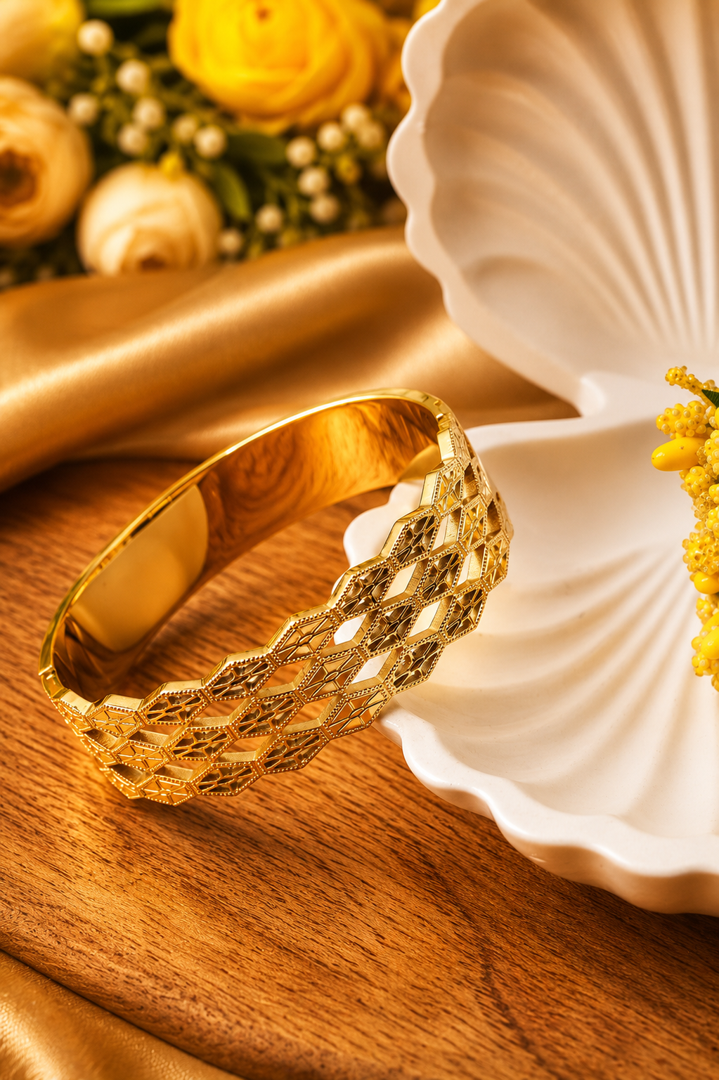 Diamond Trellis Cut-Out Wide Bangle Bracelet