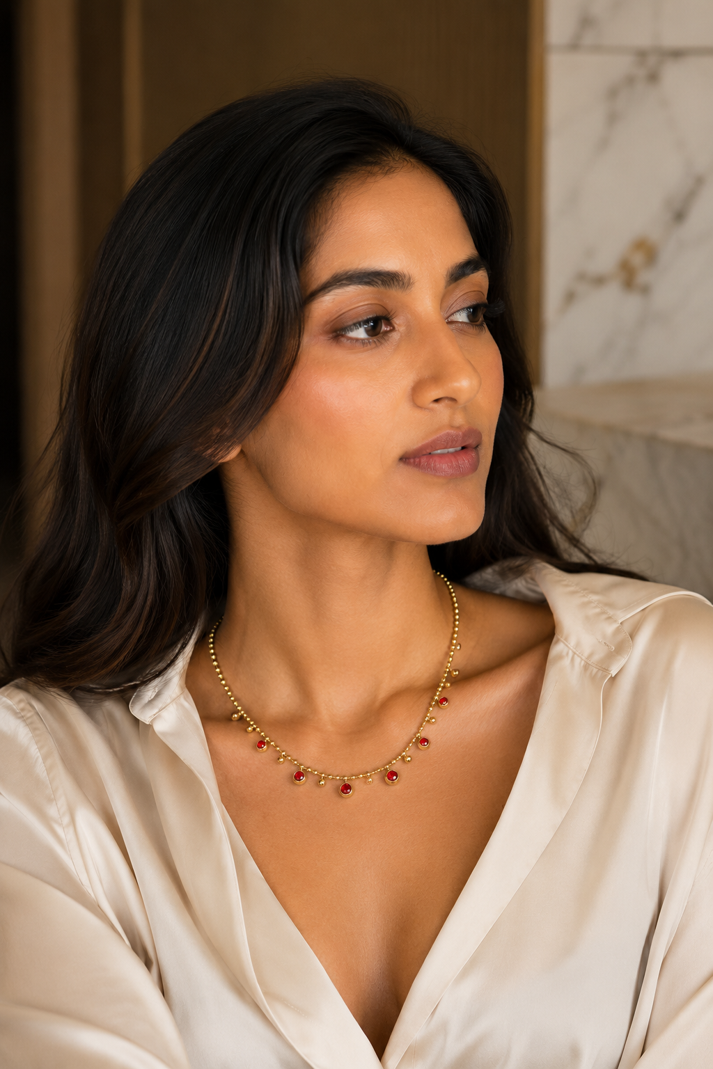 Red crystal ball chain necklace, gold plated titanium steel