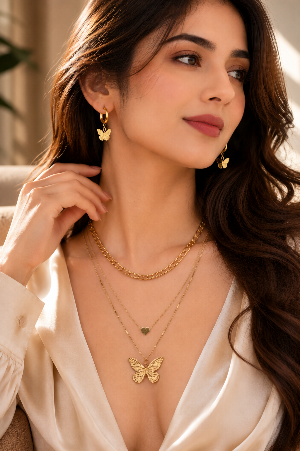 Layered butterfly pendant necklace and matching butterfly earrings set, 18K gold plated