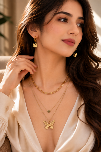 Layered butterfly pendant necklace and matching butterfly earrings set, 18K gold plated