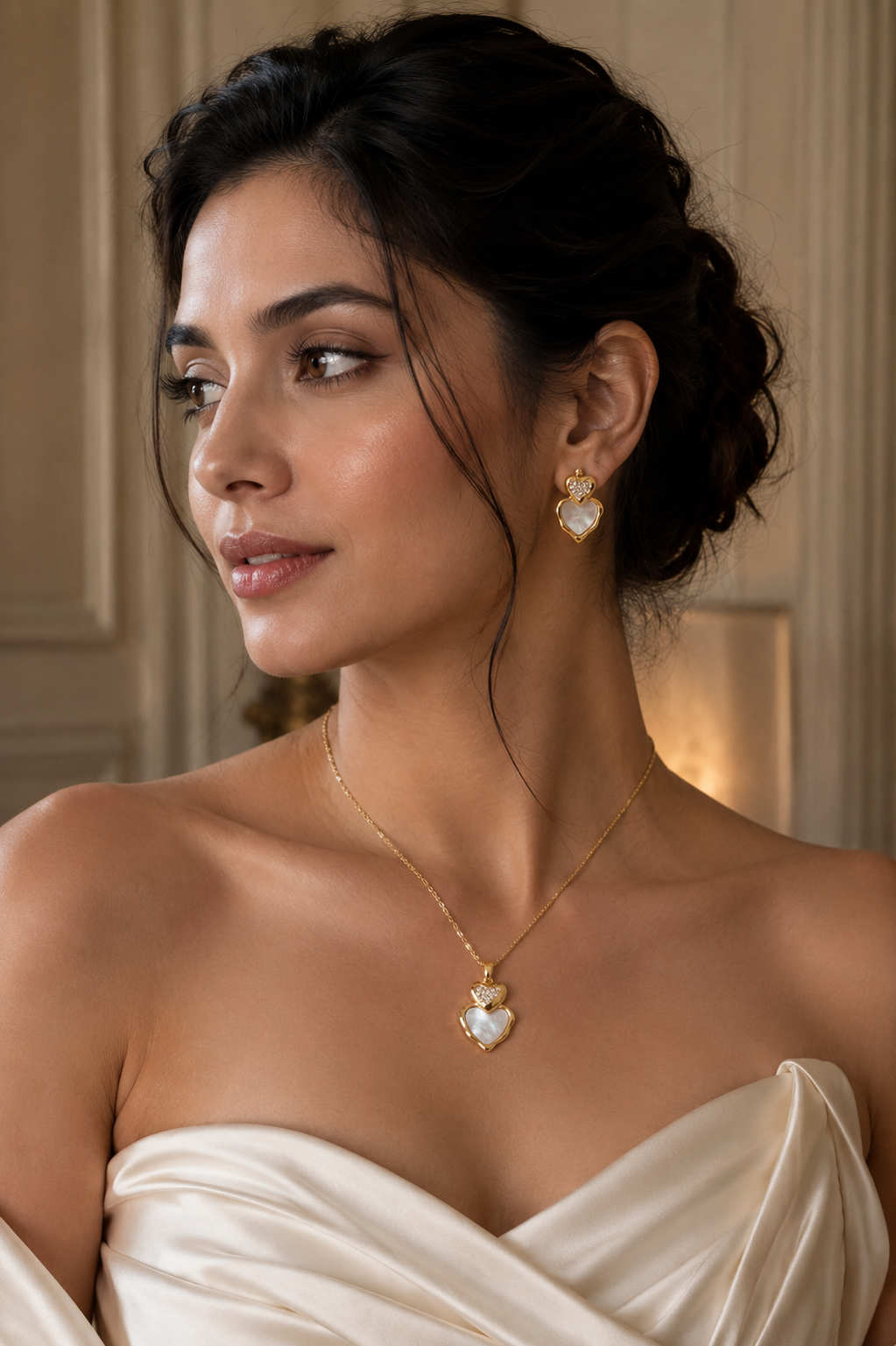 Heart pendant necklace and matching heart stud earrings set, 18K gold plated