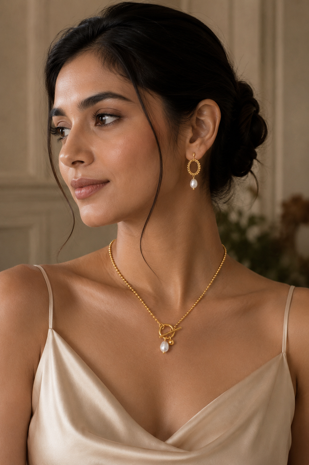 Asymmetrical pearl ball chain necklace and matching hoop earrings set, 18K gold plated