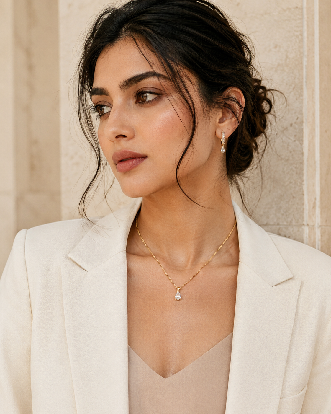 Teardrop zircon pendant necklace and matching drop earrings set, 18K gold plated