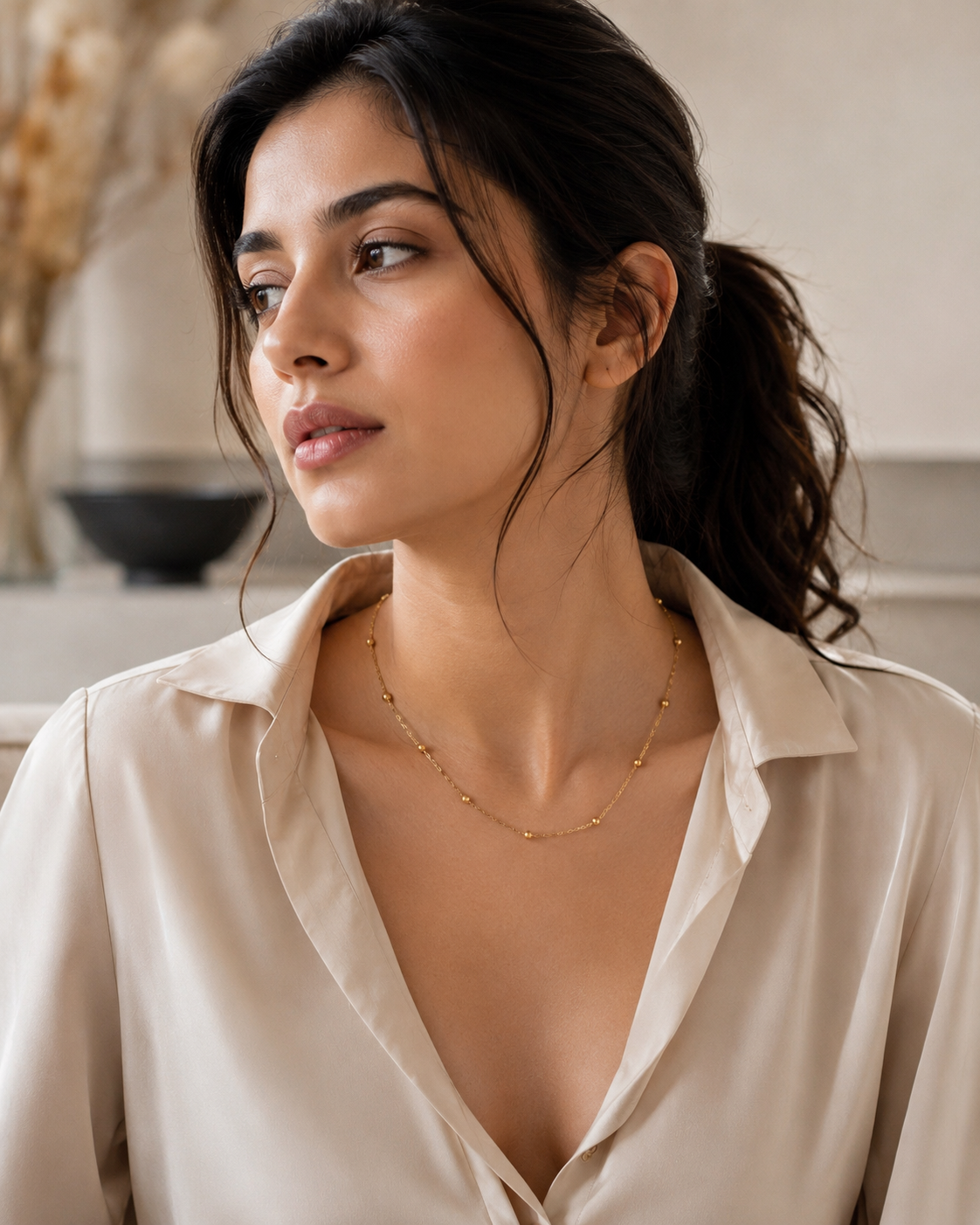 Dainty gold bead station chain necklace, 18K gold plated