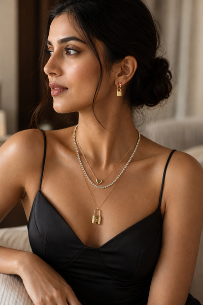 Love lock layered necklace and matching lock drop earrings set, 18K gold plated