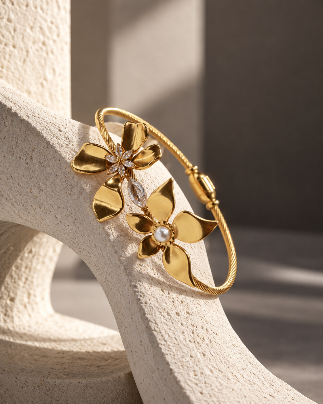 Double Flower Cable Cuff styling view - Maxiblink