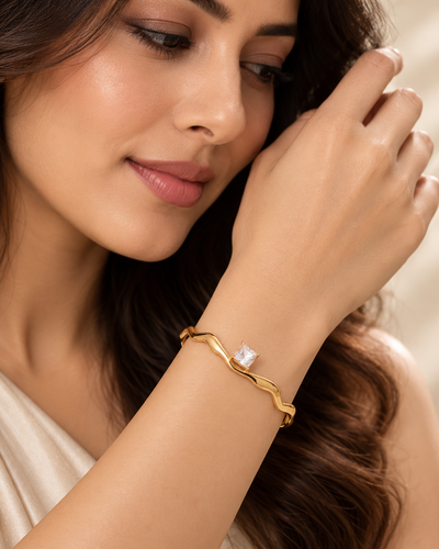 Single Stone Wave Cuff - anti-tarnish gold plated bracelet - Maxiblink