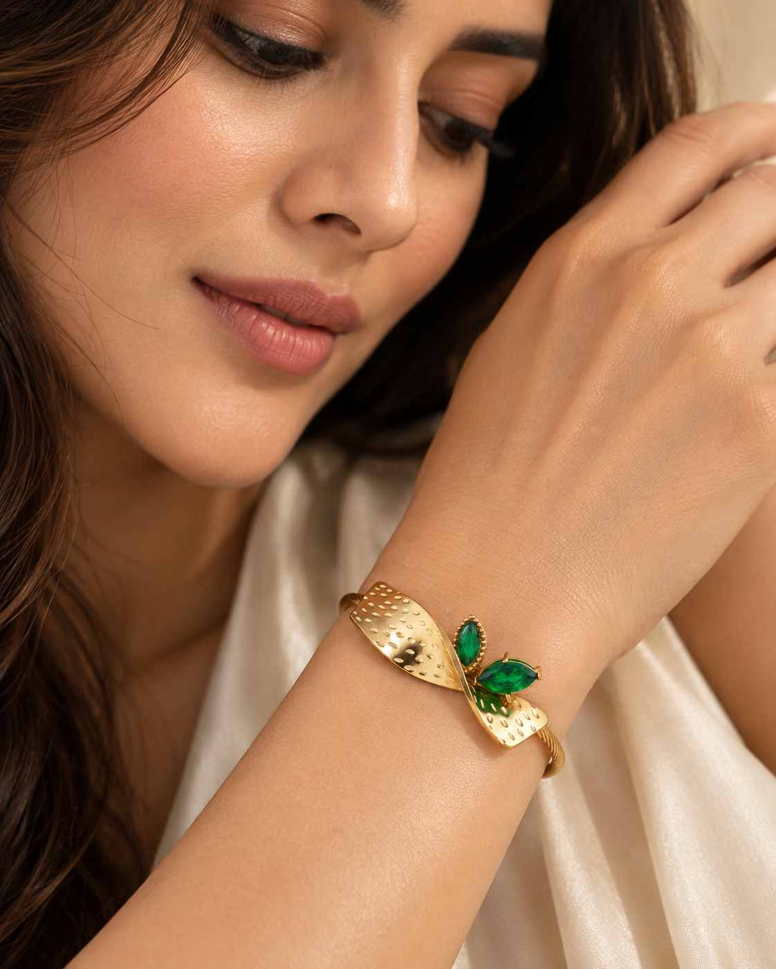 Green Stone Ribbon Cuff - anti-tarnish gold plated bracelet - Maxiblink