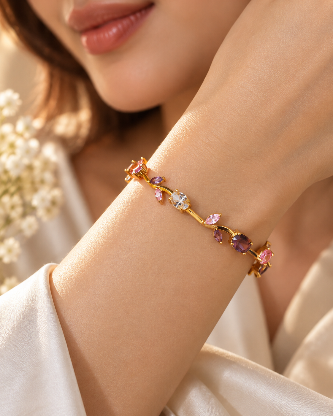 Pink Vine Tennis Bracelet - anti-tarnish gold plated bracelet - Maxiblink